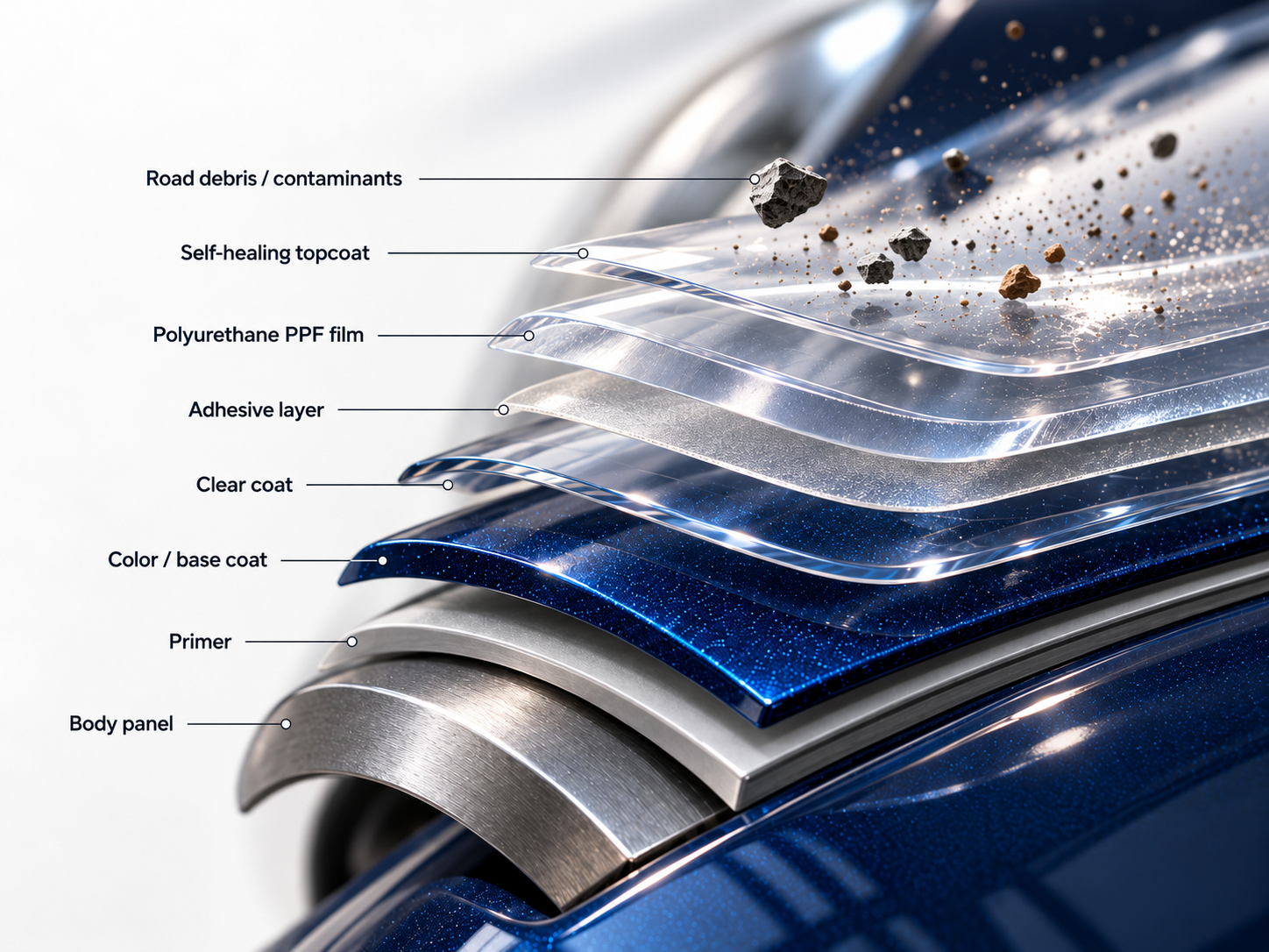 The layers between road debris and your paint Exploded PPF illustration, top to bottom: road debris, self-healing topcoat, polyurethane film, adhesive, clear coat, color coat, primer and body panel.